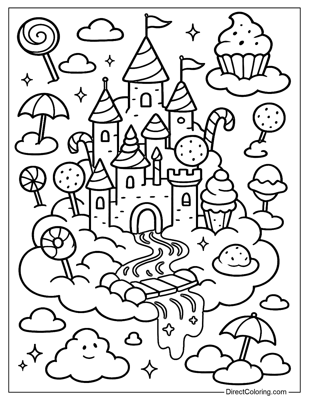 A large cloud is a candy castle, with smaller clouds being lollipops, cookies, and ice cream coloring fo kids